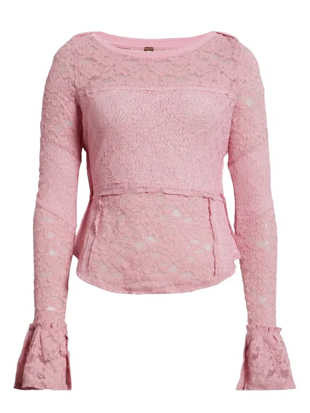 Free People Pink Lace Bell-Sleeve Top